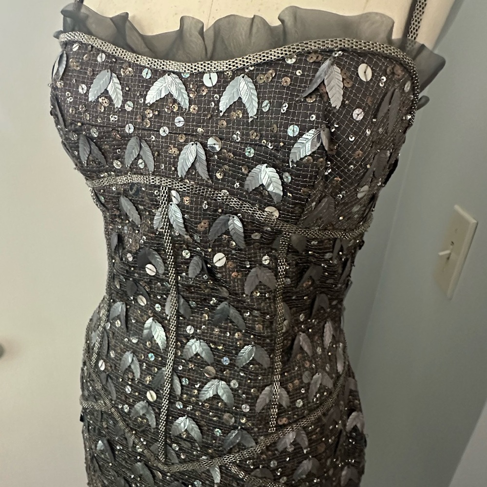 Vintage MANDALAY Gunmetal Beaded Corset Leaf Embellished Midi Dress S/M - Picture 8 of 16